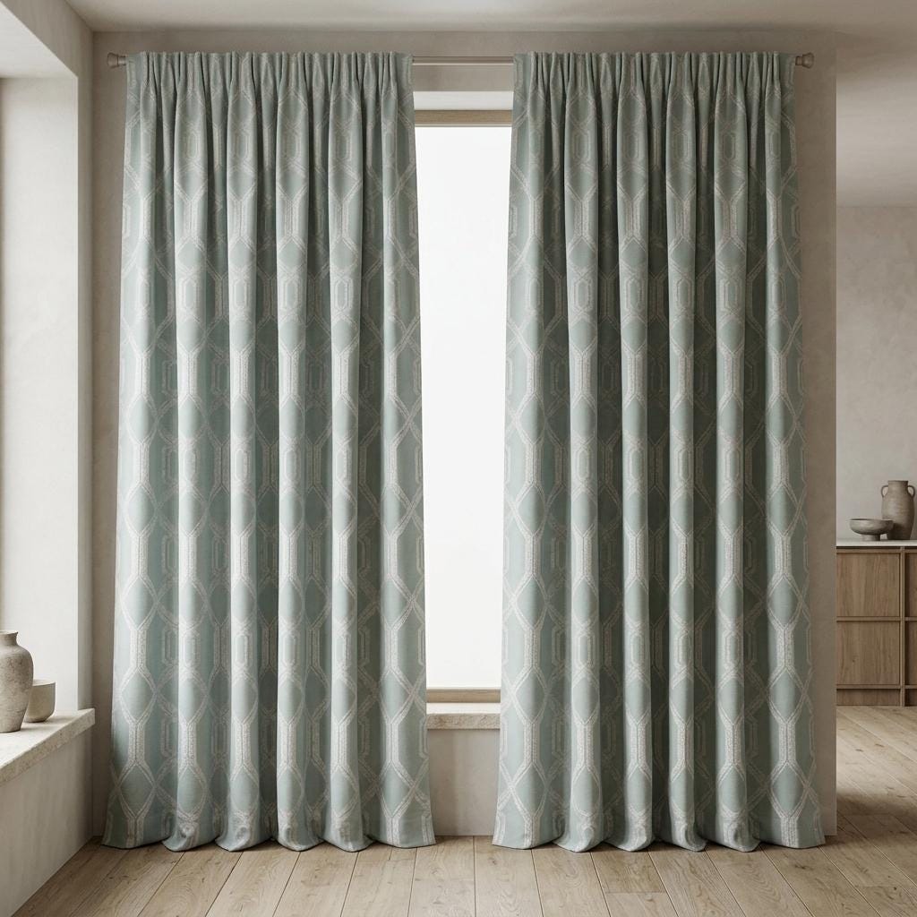 Sage Green Pure Linen Jacquard Curtains, Ivory Art Deco Geometric Drapes, Custom Extra Long Blackout Curtain Panels — image 5