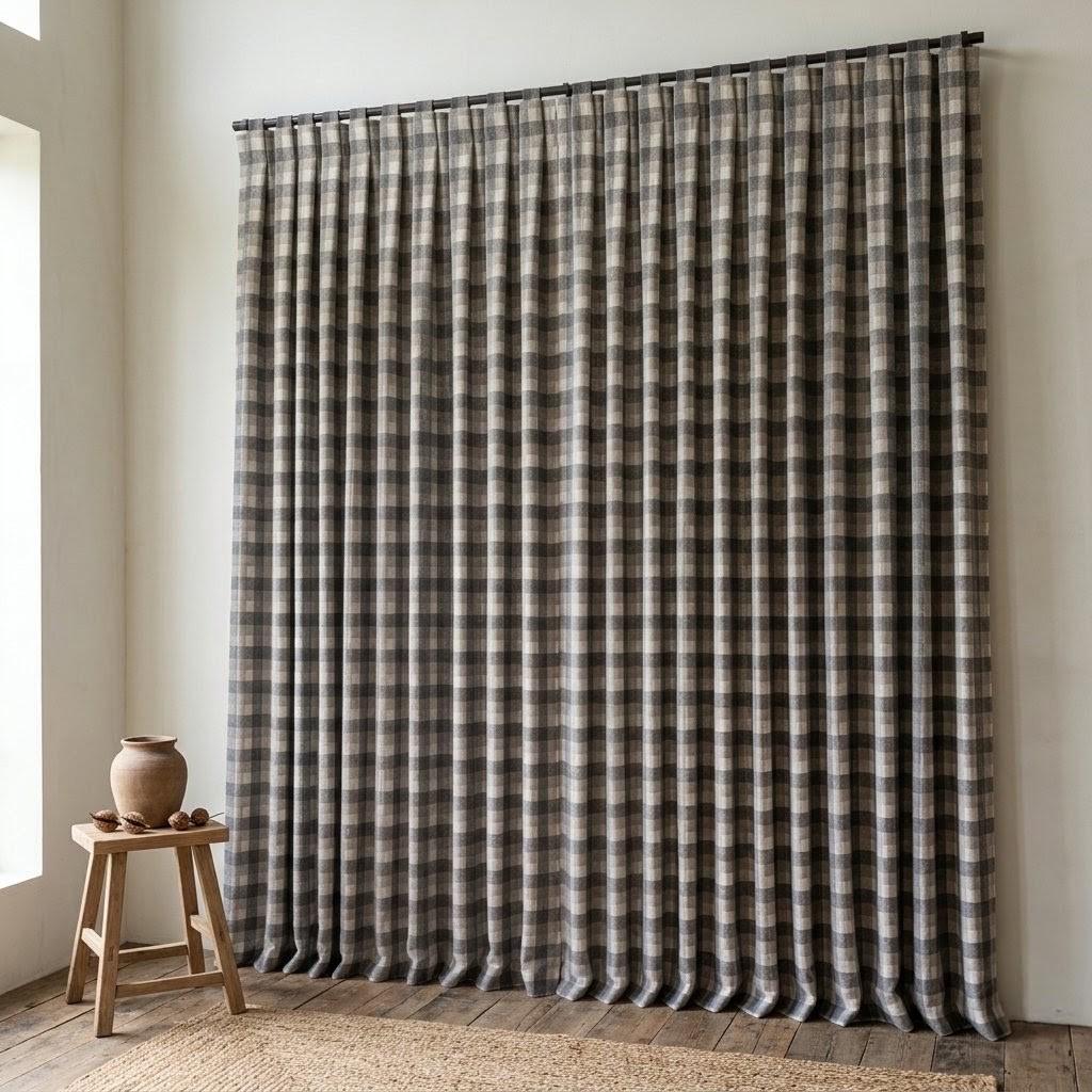 Dark Charcoal Gray, Taupe & Ivory Printed Linen Curtains, Geometric Check Farmhouse Drapes, Custom Blackout or Light Filtering Panels — image 9