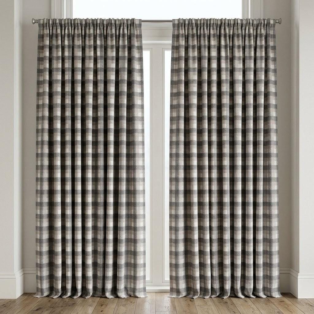 Dark Charcoal Gray, Taupe & Ivory Printed Linen Curtains, Geometric Check Farmhouse Drapes, Custom Blackout or Light Filtering Panels — image 5