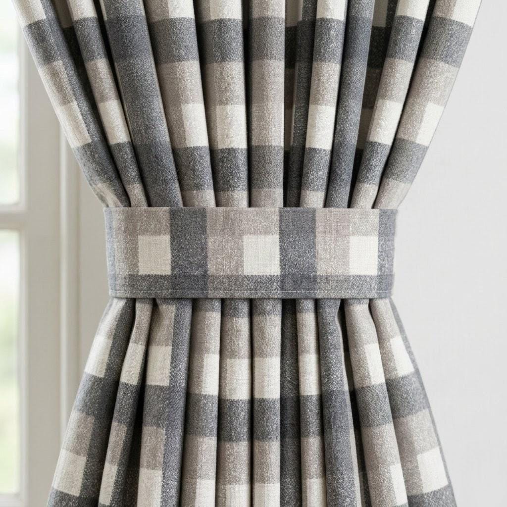 Dark Charcoal Gray, Taupe & Ivory Printed Linen Curtains, Geometric Check Farmhouse Drapes, Custom Blackout or Light Filtering Panels — image 3