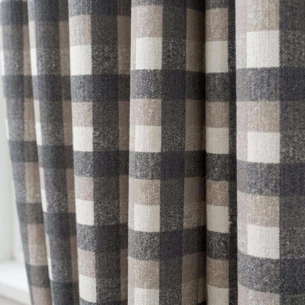 Dark Charcoal Gray, Taupe & Ivory Printed Linen Curtains, Geometric Check Farmhouse Drapes, Custom Blackout or Light Filtering Panels — image 4