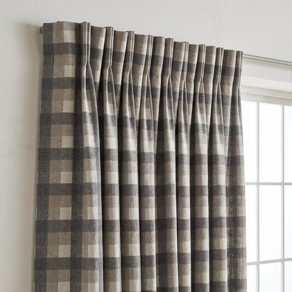 Dark Charcoal Gray, Taupe & Ivory Printed Linen Curtains, Geometric Check Farmhouse Drapes, Custom Blackout or Light Filtering Panels — image 6