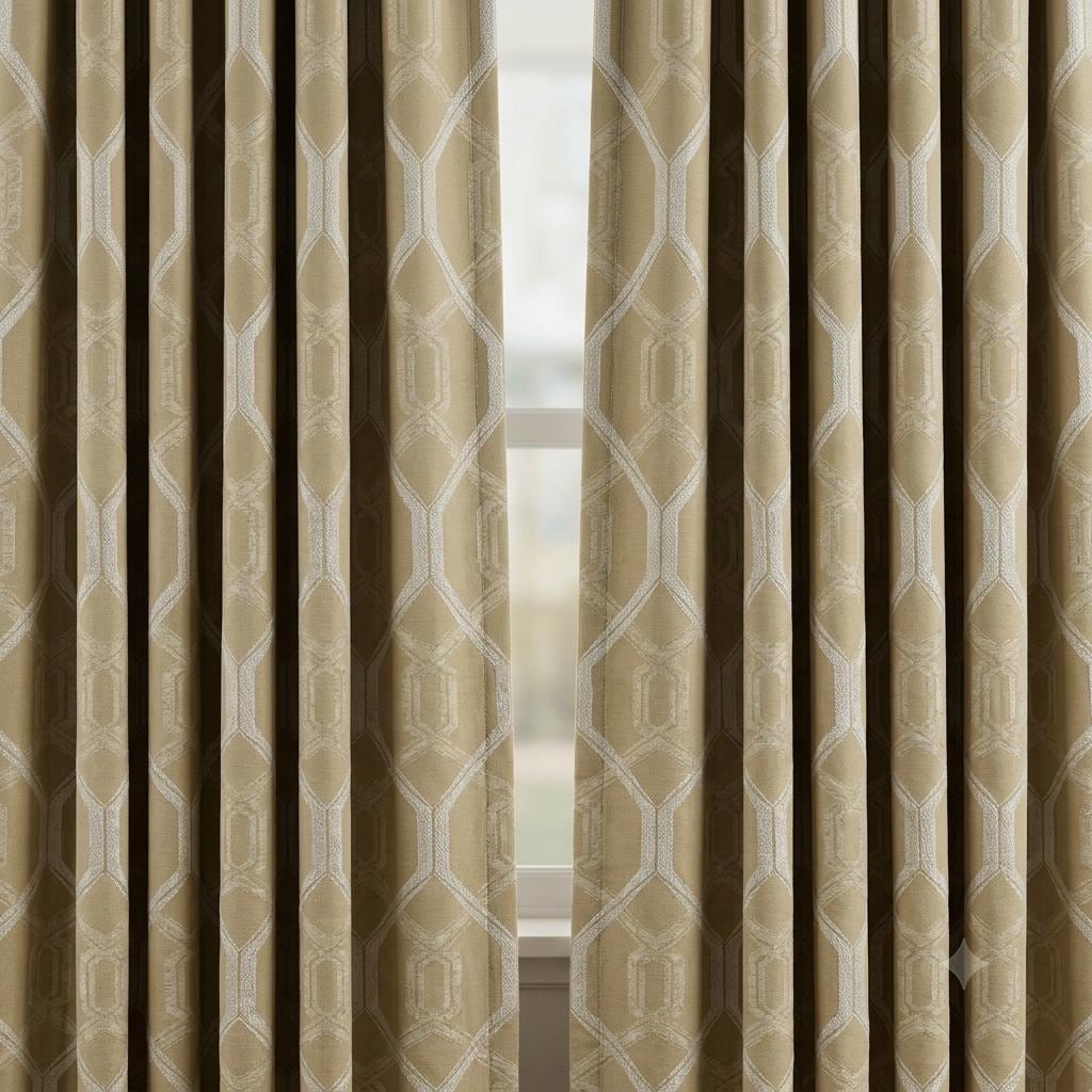 Mustard Gold Pure Linen Jacquard Curtains, Ivory Geometric Art Deco Drapes, Custom Blackout Option — image 7