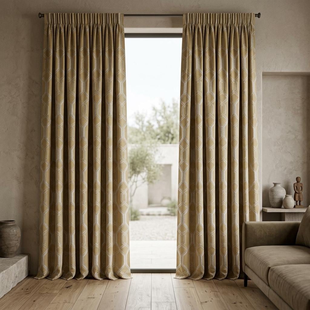 Mustard Gold Pure Linen Jacquard Curtains, Ivory Geometric Art Deco Drapes, Custom Blackout Option — image 6