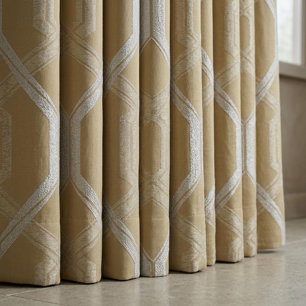 Mustard Gold Pure Linen Jacquard Curtains, Ivory Geometric Art Deco Drapes, Custom Blackout Option — image 5