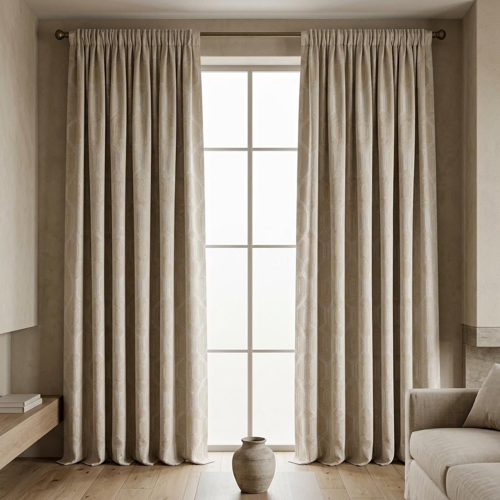 Champagne Beige Pure Linen Jacquard Curtains, Ivory Geometric Art Deco Drapes, Custom Extra Long Blackout Panels — image 6