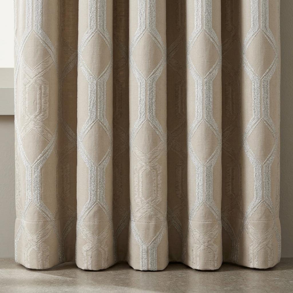 Champagne Beige Pure Linen Jacquard Curtains, Ivory Geometric Art Deco Drapes, Custom Extra Long Blackout Panels — image 4