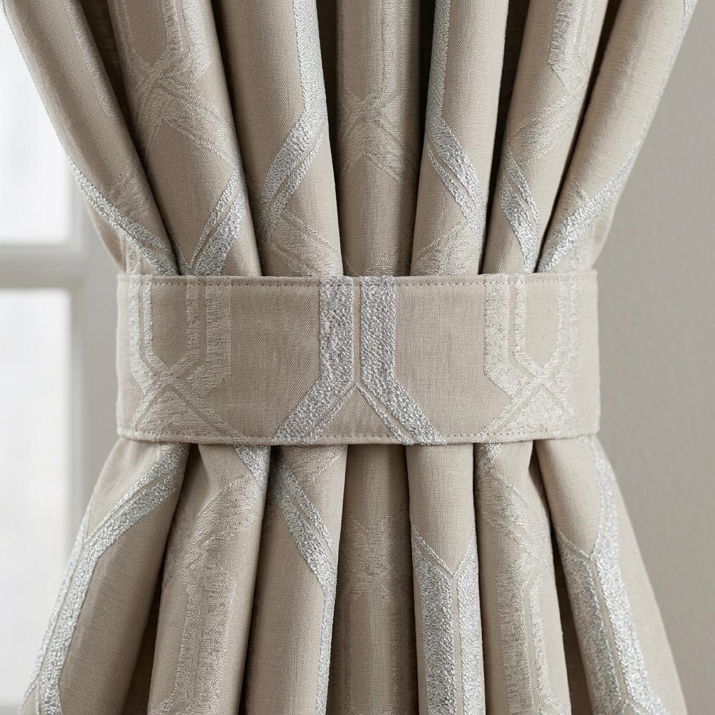 Champagne Beige Pure Linen Jacquard Curtains, Ivory Geometric Art Deco Drapes, Custom Extra Long Blackout Panels — image 2