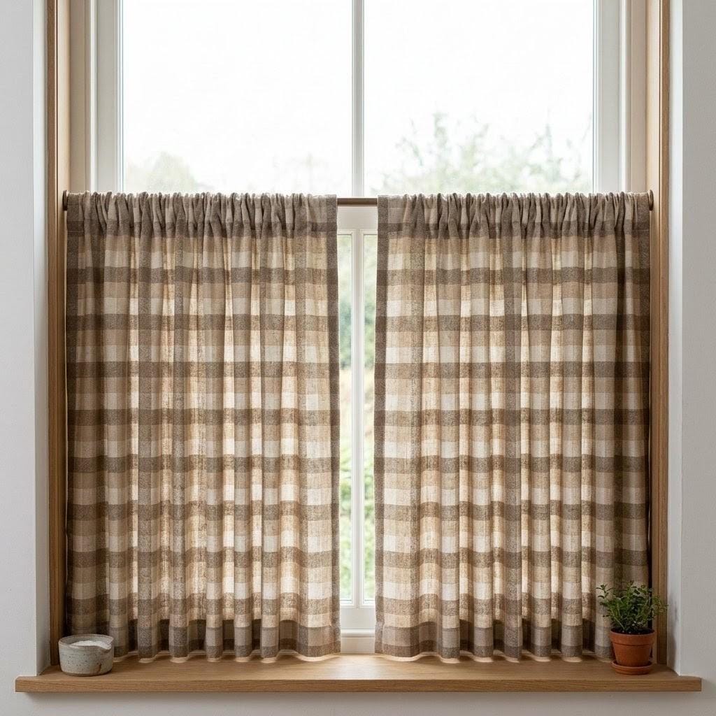 Taupe Brown, Beige & Ivory Printed Linen Curtains, Geometric Check Farmhouse Drapes, Custom Blackout or Light Filtering Panels — image 8