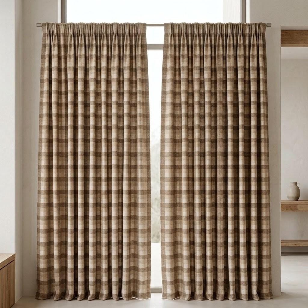 Taupe Brown, Beige & Ivory Printed Linen Curtains, Geometric Check Farmhouse Drapes, Custom Blackout or Light Filtering Panels — image 9