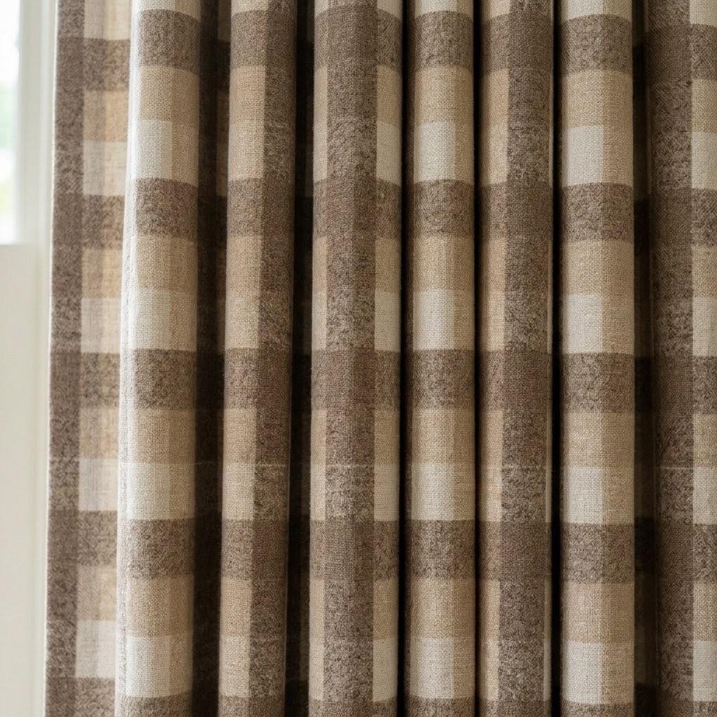 Taupe Brown, Beige & Ivory Printed Linen Curtains, Geometric Check Farmhouse Drapes, Custom Blackout or Light Filtering Panels — image 4