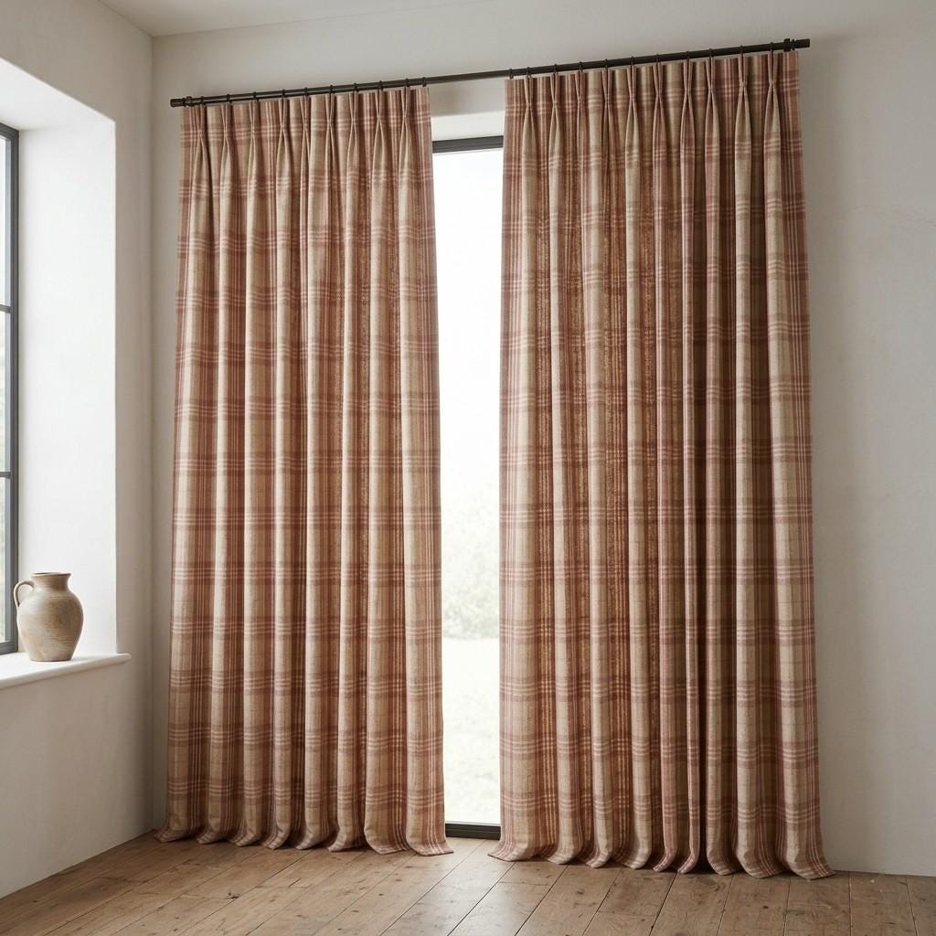 Terracotta Rust & Beige Pure Linen Curtains, Printed Herringbone Plaid Farmhouse Drapes, Custom Blackout or Light Filtering Panels — image 5