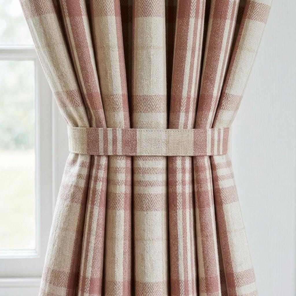 Terracotta Rust & Beige Pure Linen Curtains, Printed Herringbone Plaid Farmhouse Drapes, Custom Blackout or Light Filtering Panels — image 2
