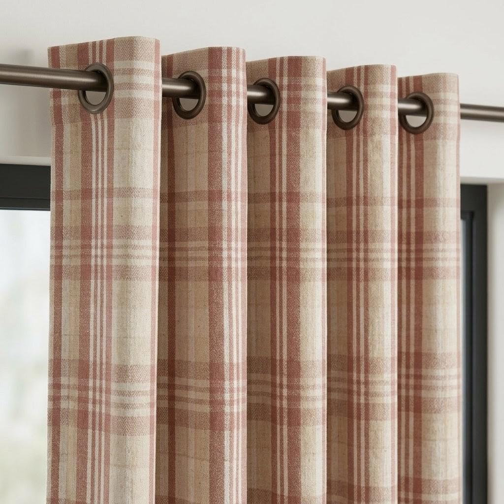 Terracotta Rust & Beige Pure Linen Curtains, Printed Herringbone Plaid Farmhouse Drapes, Custom Blackout or Light Filtering Panels — image 4