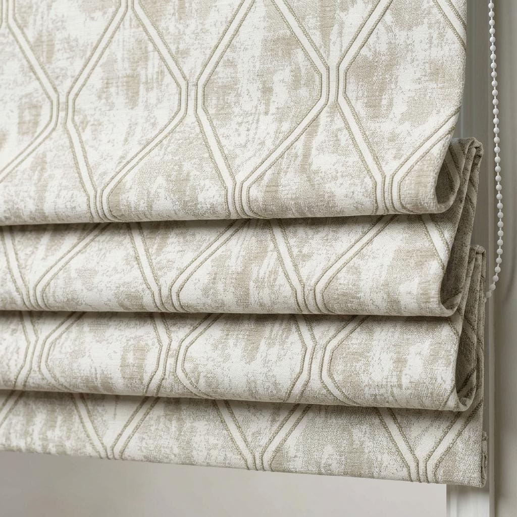 Ivory Beige Linen Roman Shade, Taupe Geometric Trellis Jacquard, Custom Blackout or Light Filtering Blind — image 1