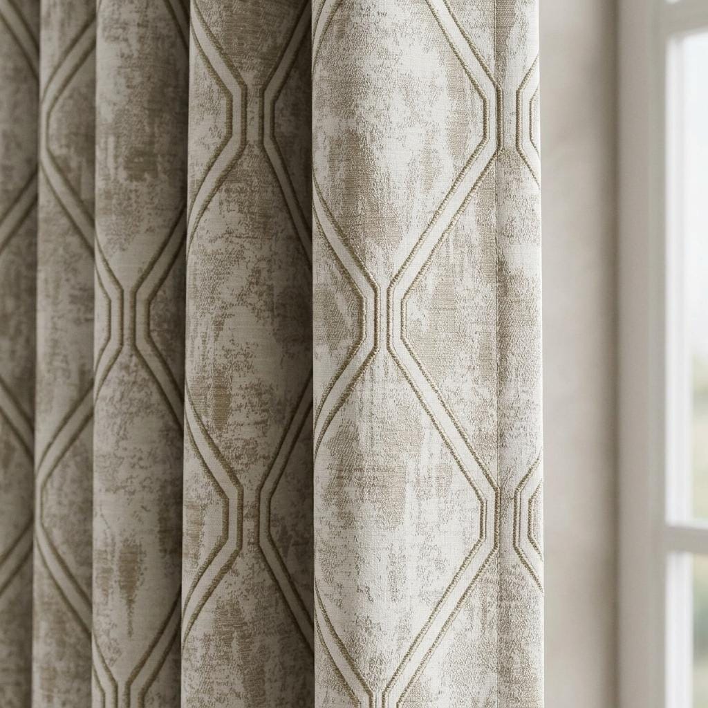 Ivory Taupe Pure Linen Jacquard Curtains, Olive Grey Geometric Trellis Drapes, Custom Extra Long Blackout Panels — image 1