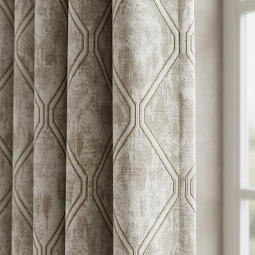 Ivory Taupe Pure Linen Jacquard Curtains, Olive Grey Geometric Trellis Drapes, Custom Extra Long Blackout Panels — image 1