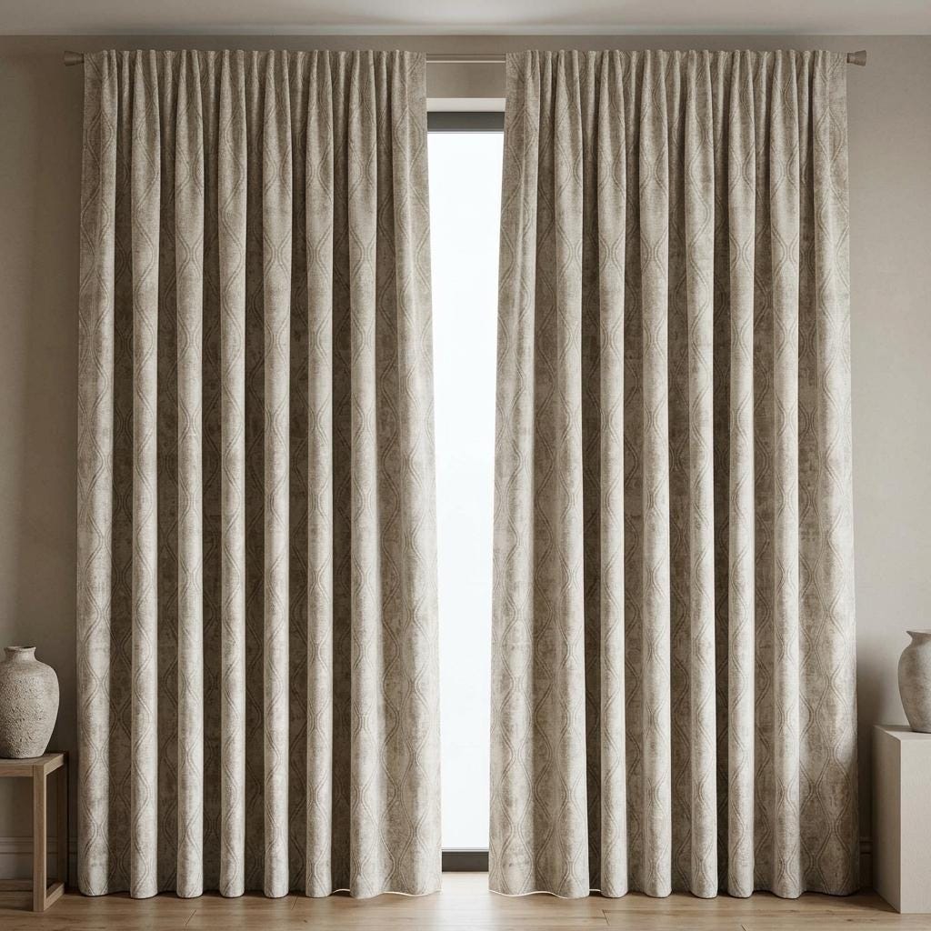 Ivory Taupe Pure Linen Jacquard Curtains, Olive Grey Geometric Trellis Drapes, Custom Extra Long Blackout Panels — image 10