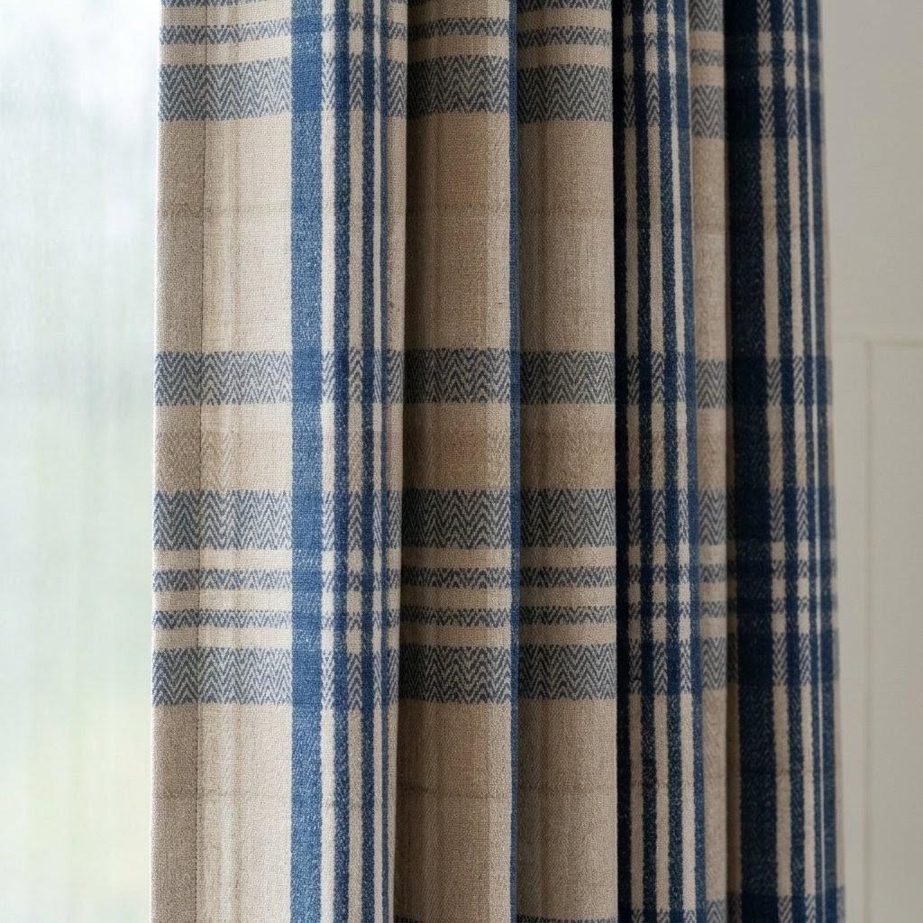 Navy Blue & Natural Beige Pure Linen Curtains, Printed Herringbone Plaid Farmhouse Drapes, Custom Blackout or Light Filtering Panels — image 1