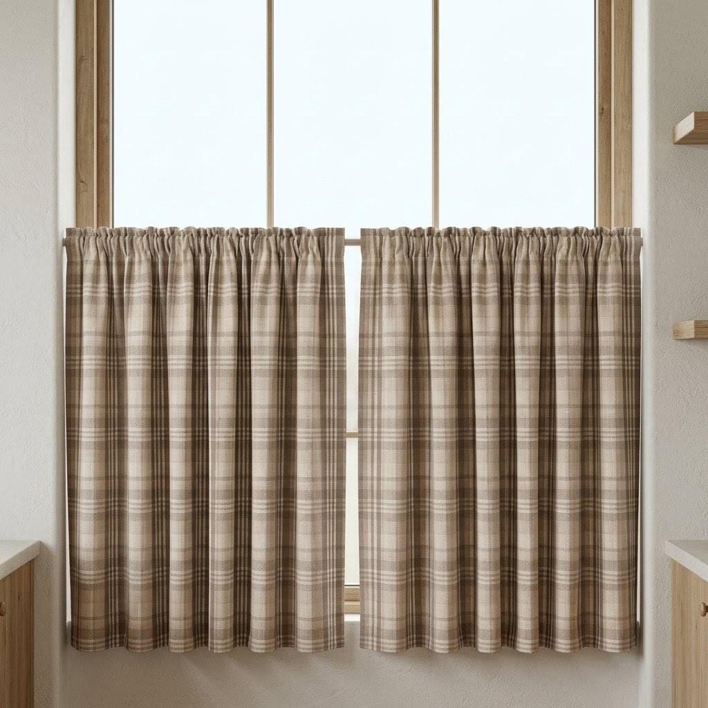 Taupe Gray & Natural Beige Pure Linen Curtains, Printed Herringbone Plaid Farmhouse Drapes, Custom Blackout or Light Filtering Panels — image 7