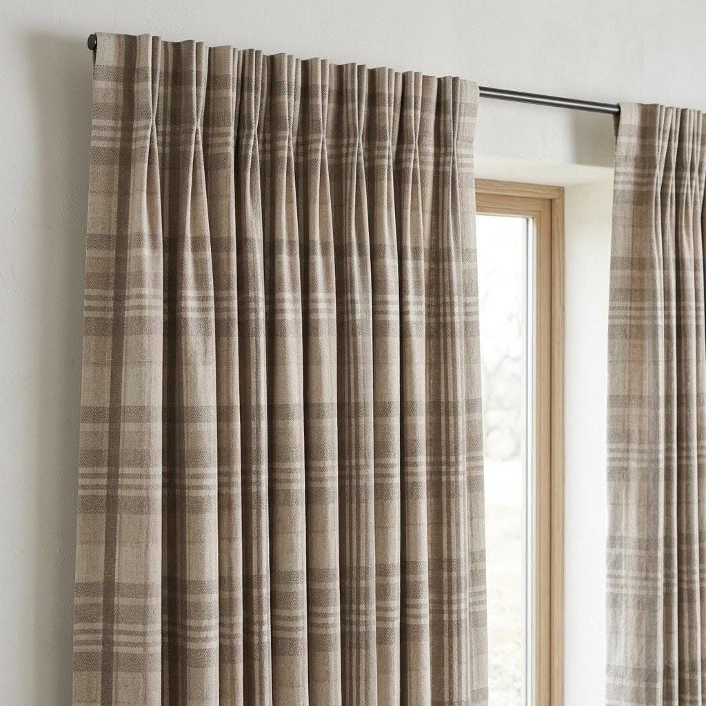 Taupe Gray & Natural Beige Pure Linen Curtains, Printed Herringbone Plaid Farmhouse Drapes, Custom Blackout or Light Filtering Panels — image 6