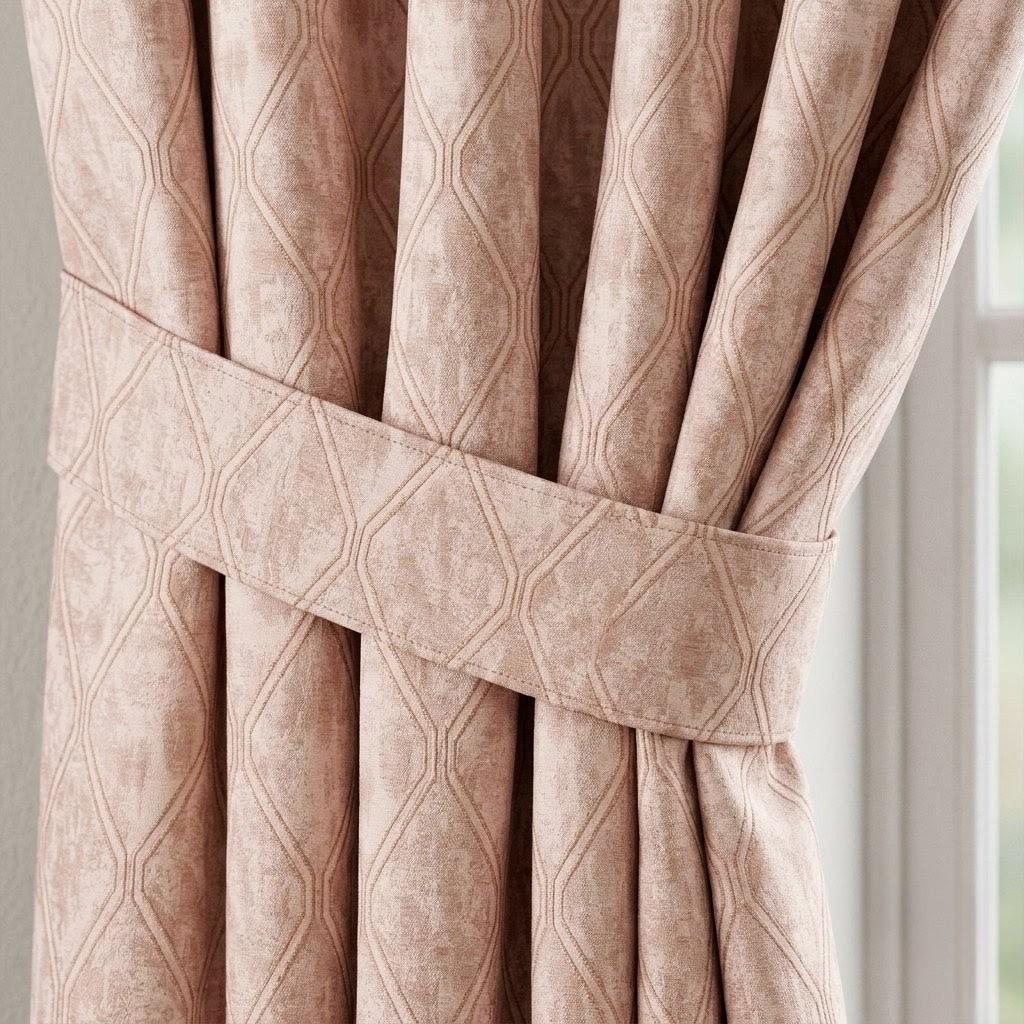 Blush Pink Pure Linen Jacquard Curtains, Rose Gold Geometric Trellis Drapes, Custom Extra Long Blackout Panels — image 8