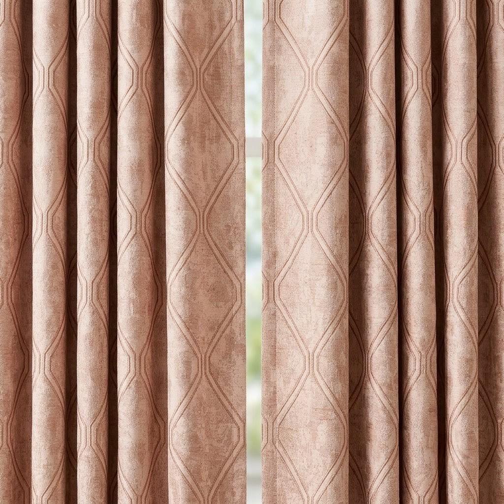 Blush Pink Pure Linen Jacquard Curtains, Rose Gold Geometric Trellis Drapes, Custom Extra Long Blackout Panels — image 2