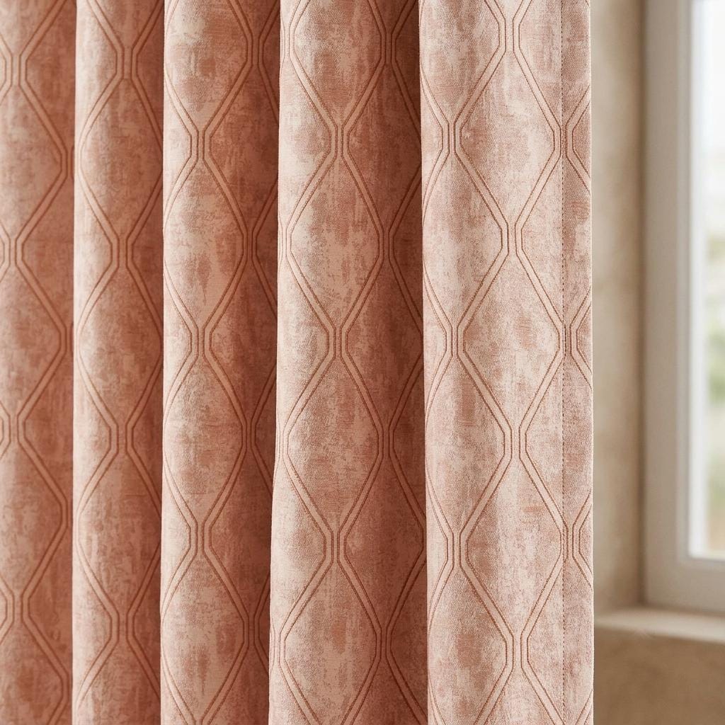 Blush Pink Pure Linen Jacquard Curtains, Rose Gold Geometric Trellis Drapes, Custom Extra Long Blackout Panels — image 1