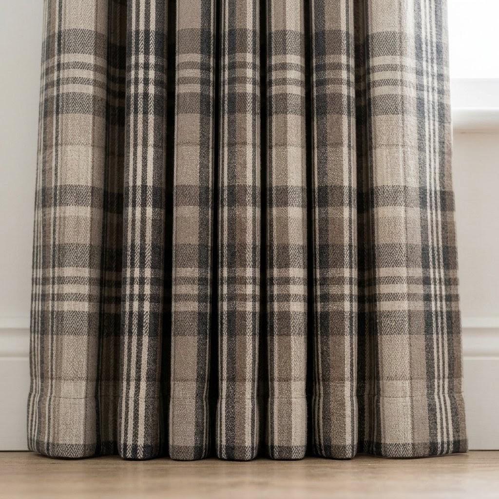 Charcoal Black, Taupe & Ivory Pure Linen Curtains, Printed Herringbone Plaid Farmhouse Drapes, Custom Blackout or Light Filtering Panels — image 4