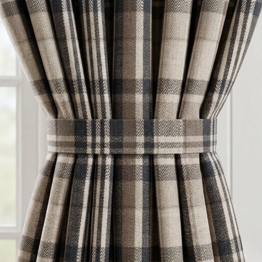 Charcoal Black, Taupe & Ivory Pure Linen Curtains, Printed Herringbone Plaid Farmhouse Drapes, Custom Blackout or Light Filtering Panels — image 2