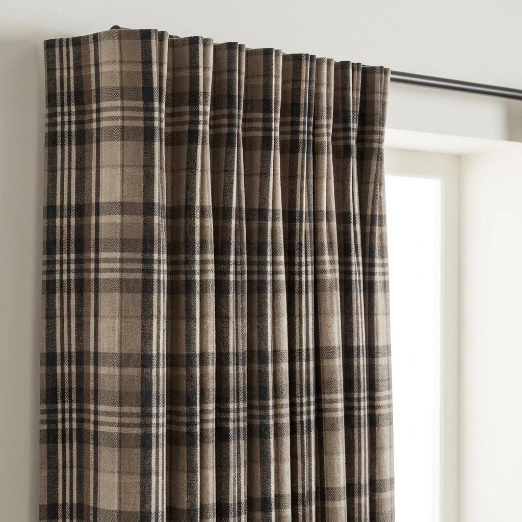 Charcoal Black, Taupe & Ivory Pure Linen Curtains, Printed Herringbone Plaid Farmhouse Drapes, Custom Blackout or Light Filtering Panels — image 6