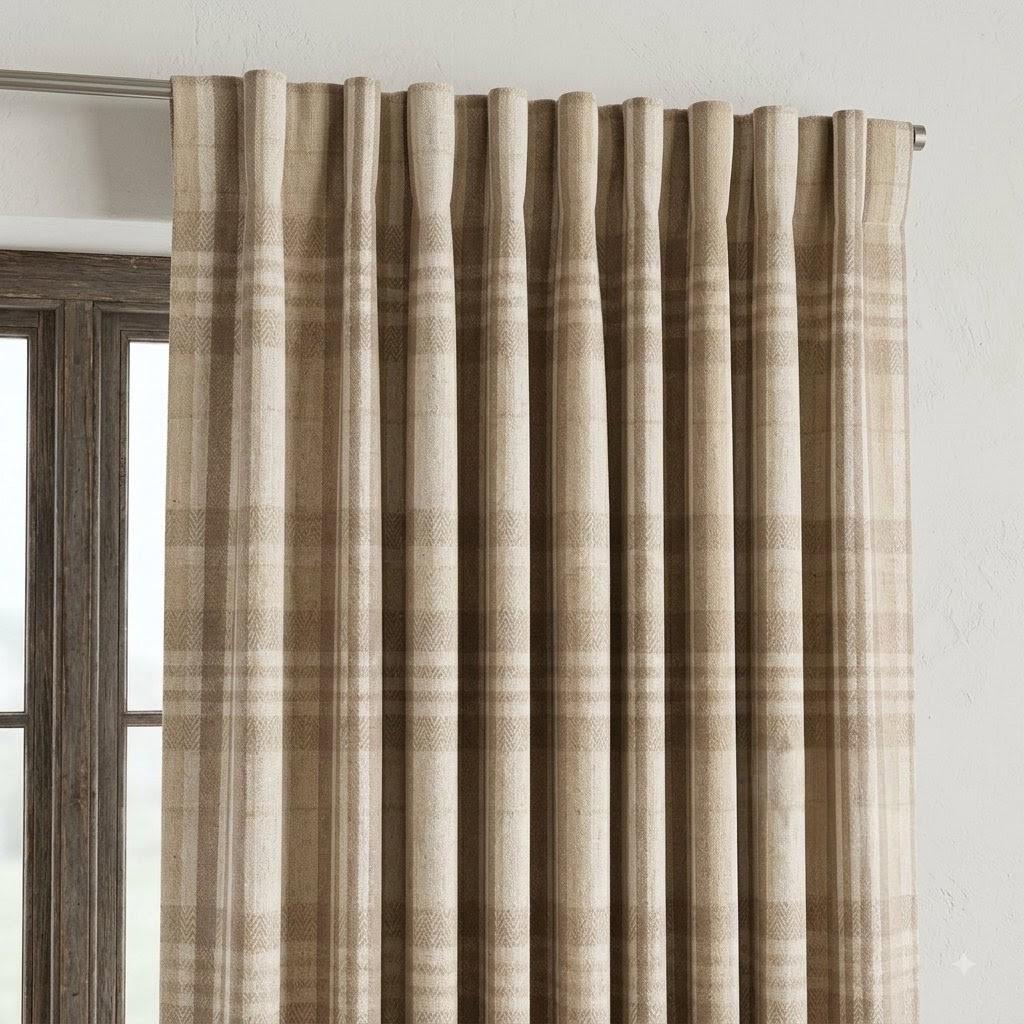 Oatmeal Beige & Ivory Pure Linen Curtains, Printed Herringbone Plaid Farmhouse Drapes, Custom Blackout or Light Filtering Panels — image 3