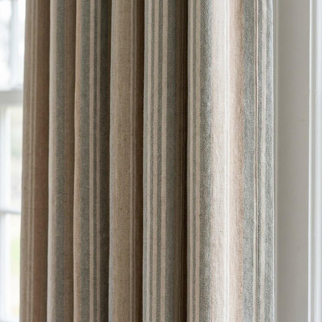 Farmhouse Stripe Curtains: Organic Linen Panels (Beige & Sage, Blackout) — image 1