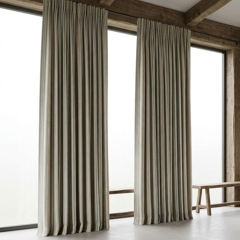 Farmhouse Stripe Curtains: Organic Linen Panels (Beige & Sage, Blackout) — image 9