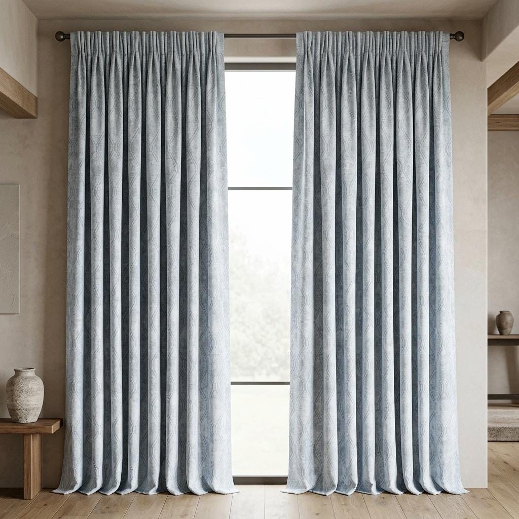 Powder Blue Pure Linen Jacquard Curtains, Silver Grey Geometric Trellis Drapes, Custom Extra Long Blackout Option — image 8