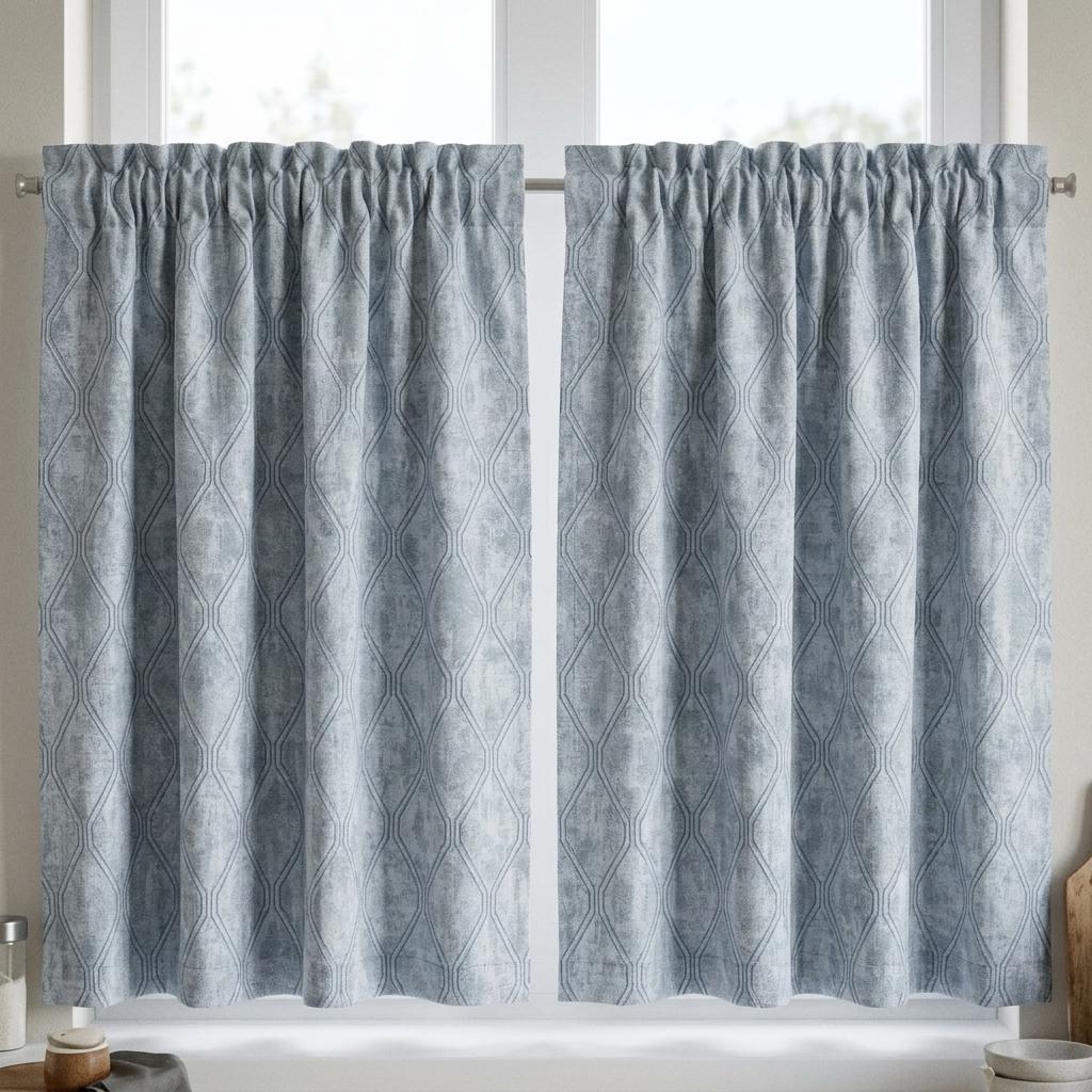 Powder Blue Pure Linen Jacquard Curtains, Silver Grey Geometric Trellis Drapes, Custom Extra Long Blackout Option — image 7