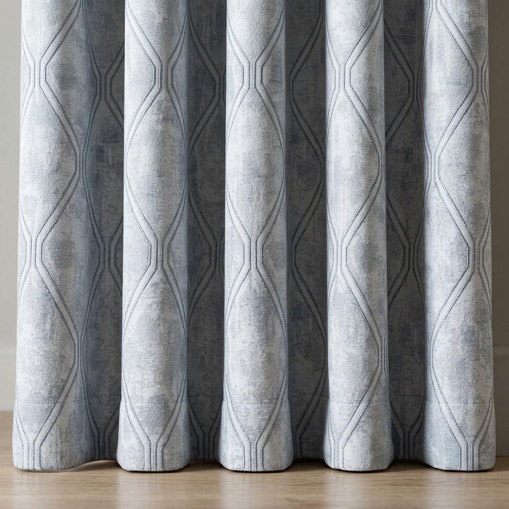 Powder Blue Pure Linen Jacquard Curtains, Silver Grey Geometric Trellis Drapes, Custom Extra Long Blackout Option — image 4