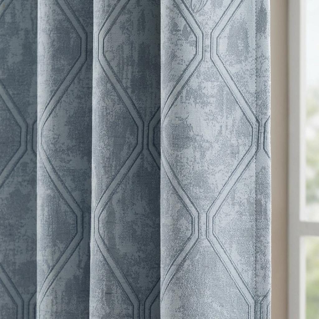Powder Blue Pure Linen Jacquard Curtains, Silver Grey Geometric Trellis Drapes, Custom Extra Long Blackout Option — image 1
