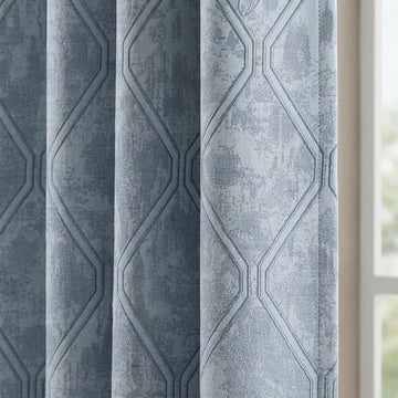 Powder Blue Pure Linen Jacquard Curtains, Silver Grey Geometric Trellis Drapes, Custom Extra Long Blackout Option — image 1
