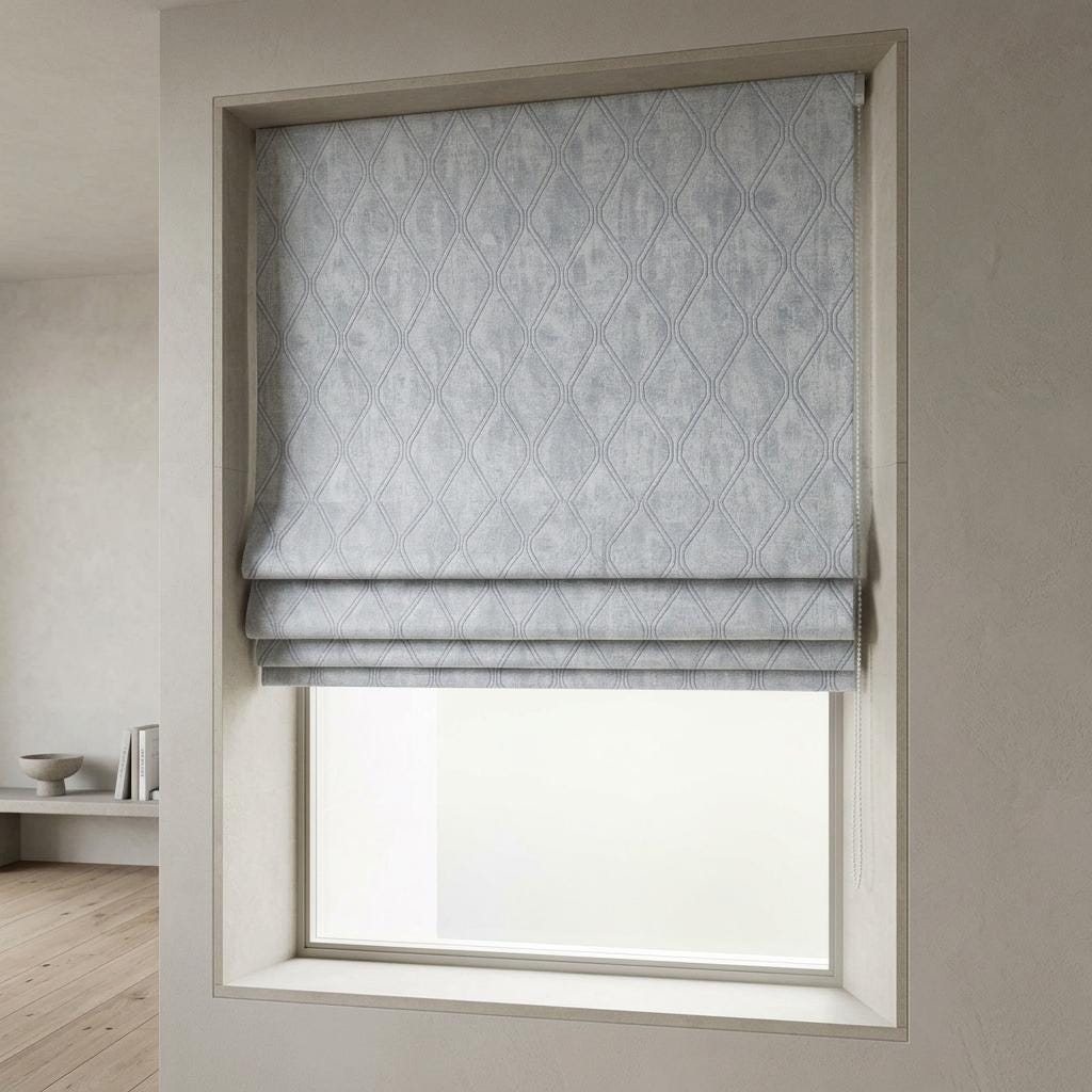 Pale Blue Linen Roman Shade, Gray Geometric Trellis Jacquard, Custom Blackout or Light Filtering Blind — image 1