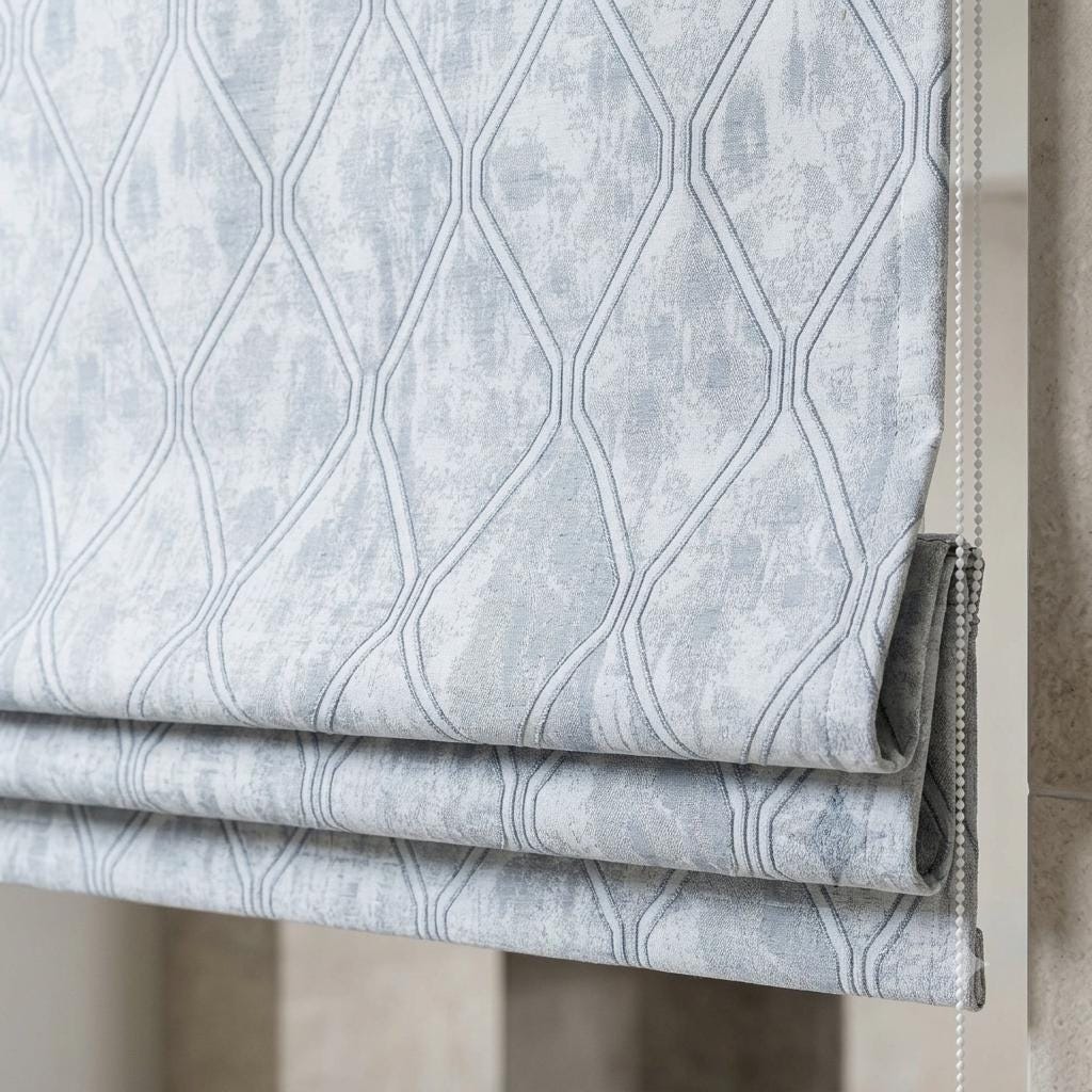 Pale Blue Linen Roman Shade, Gray Geometric Trellis Jacquard, Custom Blackout or Light Filtering Blind — image 1