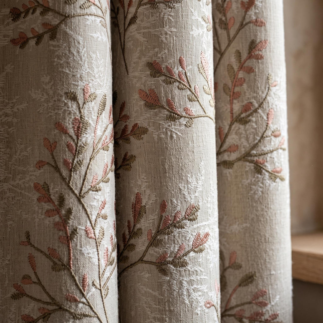 Greige Ivory Pure Linen Curtains, Blush Pink Taupe Embroidered Botanical Farmhouse Drapes, Custom Blackout or Light Filtering Panels — image 1