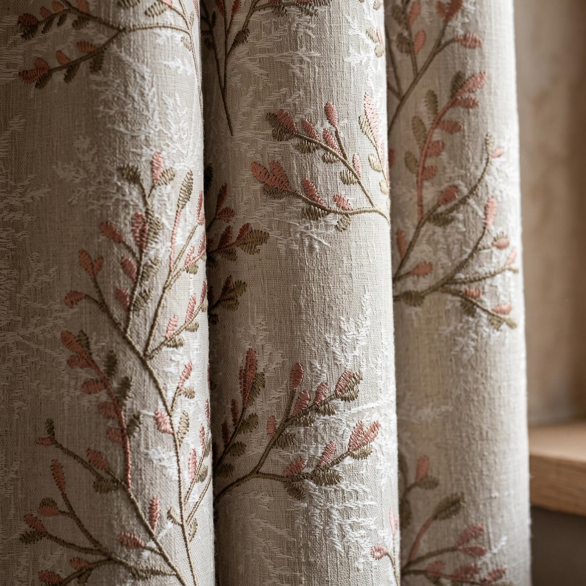 Greige Ivory Pure Linen Curtains, Blush Pink Taupe Embroidered Botanical Farmhouse Drapes, Custom Blackout or Light Filtering Panels — image 2