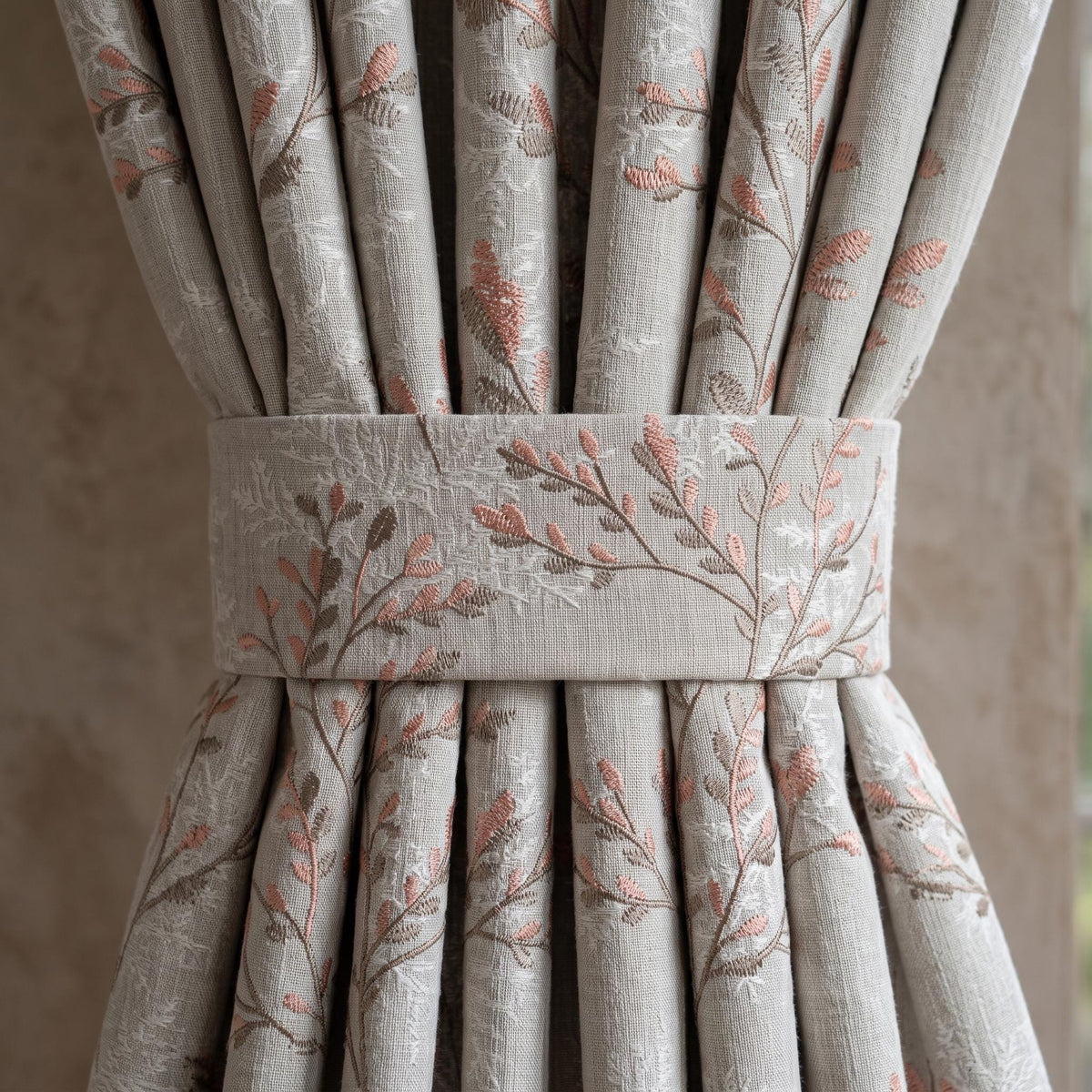 Greige Ivory Pure Linen Curtains, Blush Pink Taupe Embroidered Botanical Farmhouse Drapes, Custom Blackout or Light Filtering Panels — image 4
