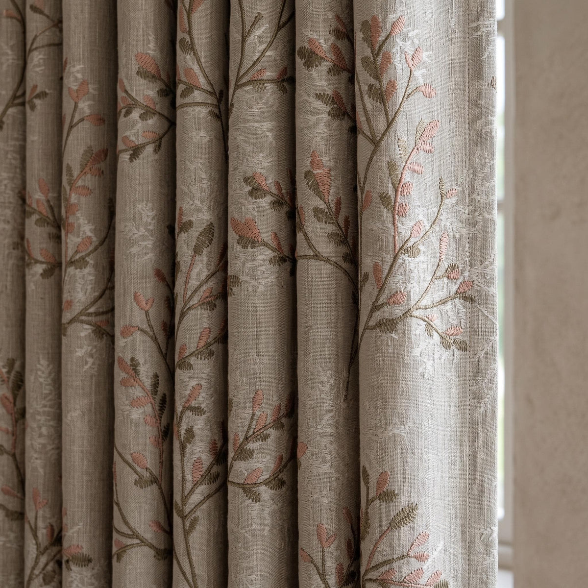 Greige Ivory Pure Linen Curtains, Blush Pink Taupe Embroidered Botanical Farmhouse Drapes, Custom Blackout or Light Filtering Panels — image 1