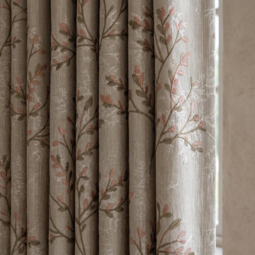 Greige Ivory Pure Linen Curtains, Blush Pink Taupe Embroidered Botanical Farmhouse Drapes, Custom Blackout or Light Filtering Panels — image 1