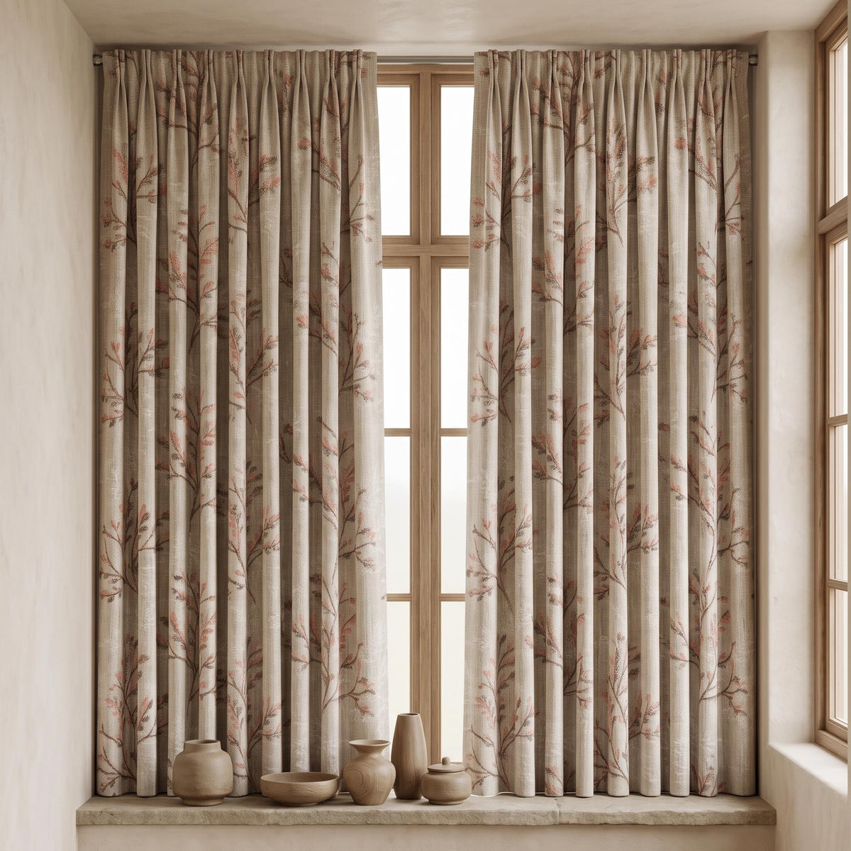 Greige Ivory Pure Linen Curtains, Blush Pink Taupe Embroidered Botanical Farmhouse Drapes, Custom Blackout or Light Filtering Panels — image 6
