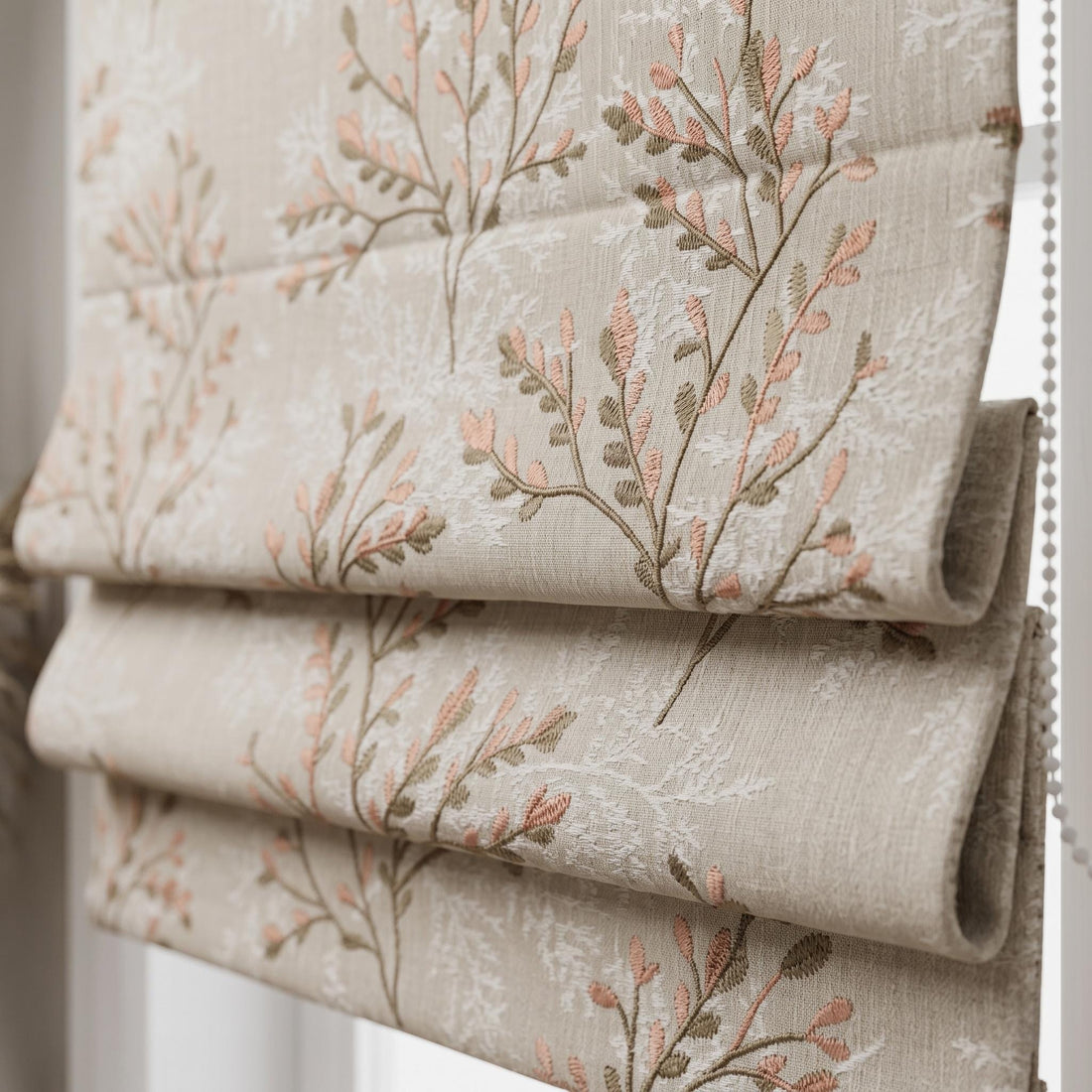 Blush Pink & Greige Pure Linen Roman Shade, Embroidered Botanical Branch Custom Corded Blind, Blackout or Light Filtering Window Shade — image 1