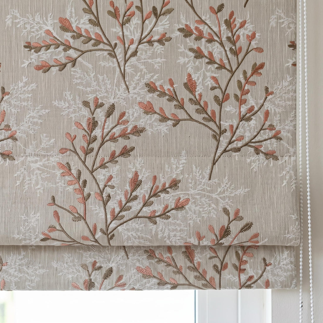 Blush Pink & Greige Pure Linen Roman Shade, Embroidered Botanical Branch Custom Corded Blind, Blackout or Light Filtering Window Shade — image 1