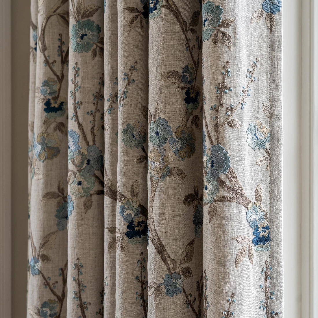 Ivory Pure Linen Curtains, Dusty Blue Teal Embroidered Floral Branch Drapes, Custom Blackout or Light Filtering Panels — image 1
